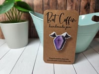 Image 1 of Purple and Black Bat Coffin Handmade Pin