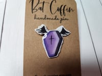 Image 2 of Purple and Black Bat Coffin Handmade Pin