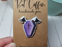 Image 4 of Purple and Black Bat Coffin Handmade Pin