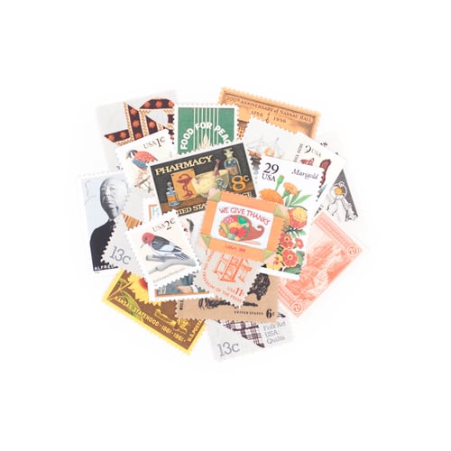 Image of Antique Flower Seed Packet with Fall Postage Stamp Collection