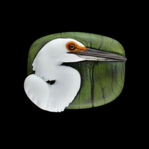 Image of XL. Snowy Egret on deep green - Flameworked Glass Sculpture Bead