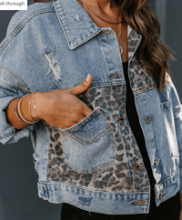 Image 1 of Blue Leopard Patchwork Denim Jackets Shacket