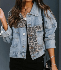 Image 2 of Blue Leopard Patchwork Denim Jackets Shacket