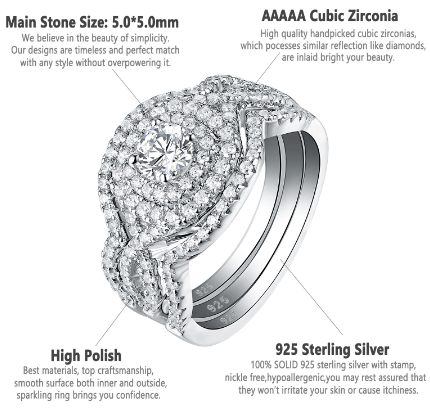 Image of New and Improved Newshe 3 Pieces 925 Sterling Silver Wedding Rings for Women