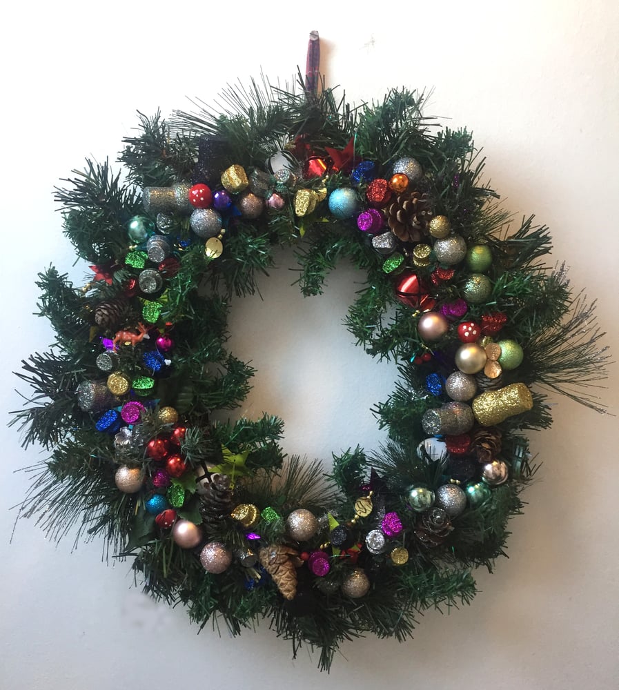 Image of Handmade festive door wreath. Featuring glittery nozzles and champagne corks! by Akit.