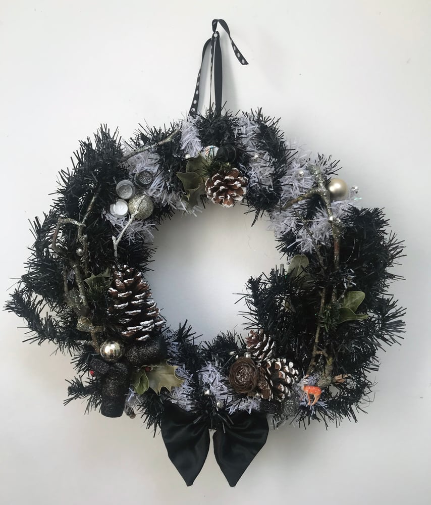Image of Monochrome Handmade festive door wreath. Featuring glitter nozzles and champagne corks! By Akit