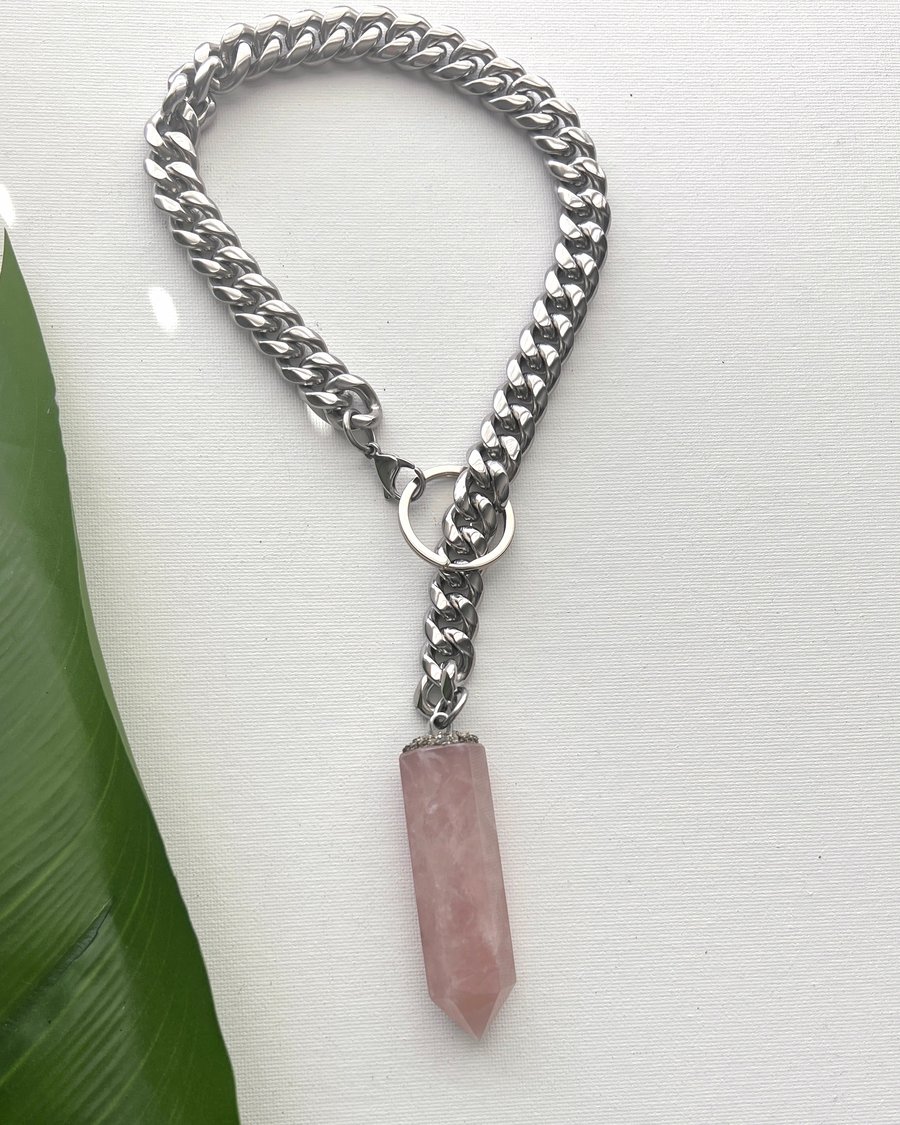 Image of ROSES 1.5 • Convertible Rose Quartz Lariat SILVER