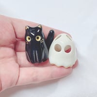 Image 3 of Glow In Dark Black Cat With Ghost Mask Ceramic Figurine 3