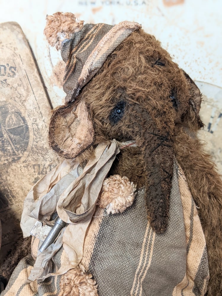 Image of 11" - Old Vintage Style Mohair Elephant in antique FRENCH TICKING romper by Whendi's Bears