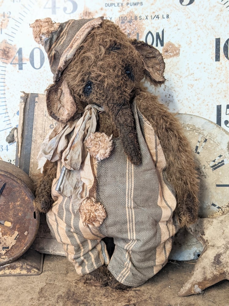 Image of 11" - Old Vintage Style Mohair Elephant in antique FRENCH TICKING romper by Whendi's Bears
