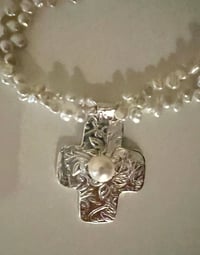 Image 1 of Silver cross pendant w/ keshi pearl necklace