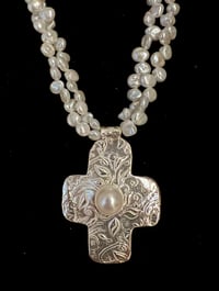 Image 2 of Silver cross pendant w/ keshi pearl necklace