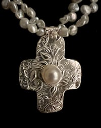 Image 4 of Silver cross pendant w/ keshi pearl necklace