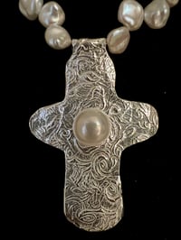 Image 1 of Fleur de lys cross on keshi pearl necklace