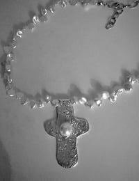 Image 2 of Fleur de lys cross on keshi pearl necklace
