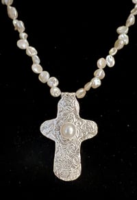 Image 3 of Fleur de lys cross on keshi pearl necklace