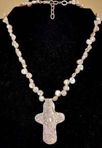 Image 4 of Fleur de lys cross on keshi pearl necklace
