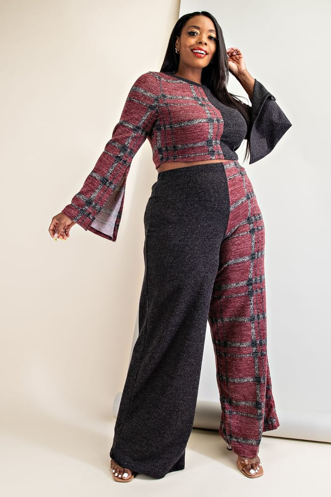 SWEATER OPEN SLEEVE TOP AND WIDE PANT SET - PLUS SIZE