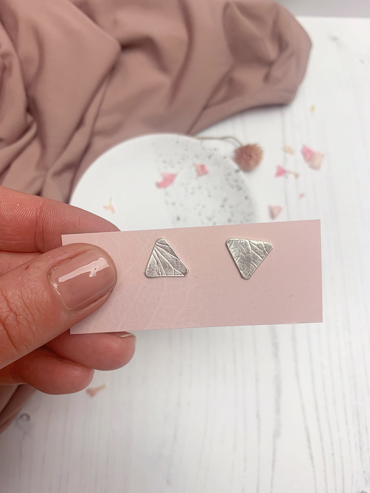Image of Recycled sterling silver triangle stud earrings with hydrangea petal imprint