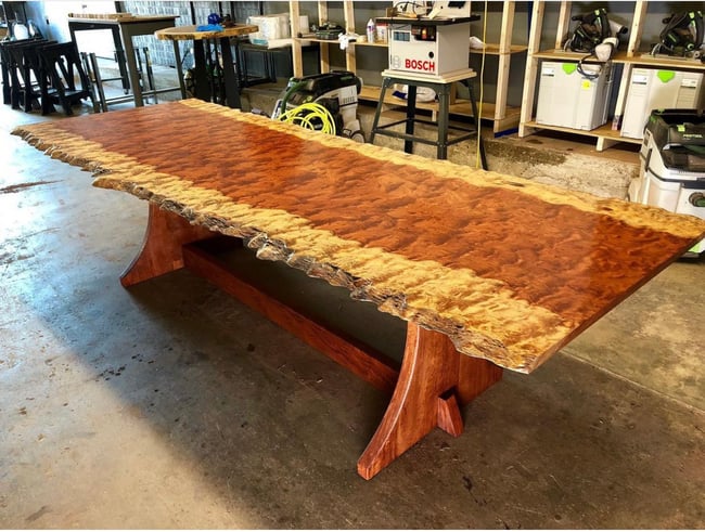 Live Edge Waterfall Bubinga Dining Table w/ Bubinga Base