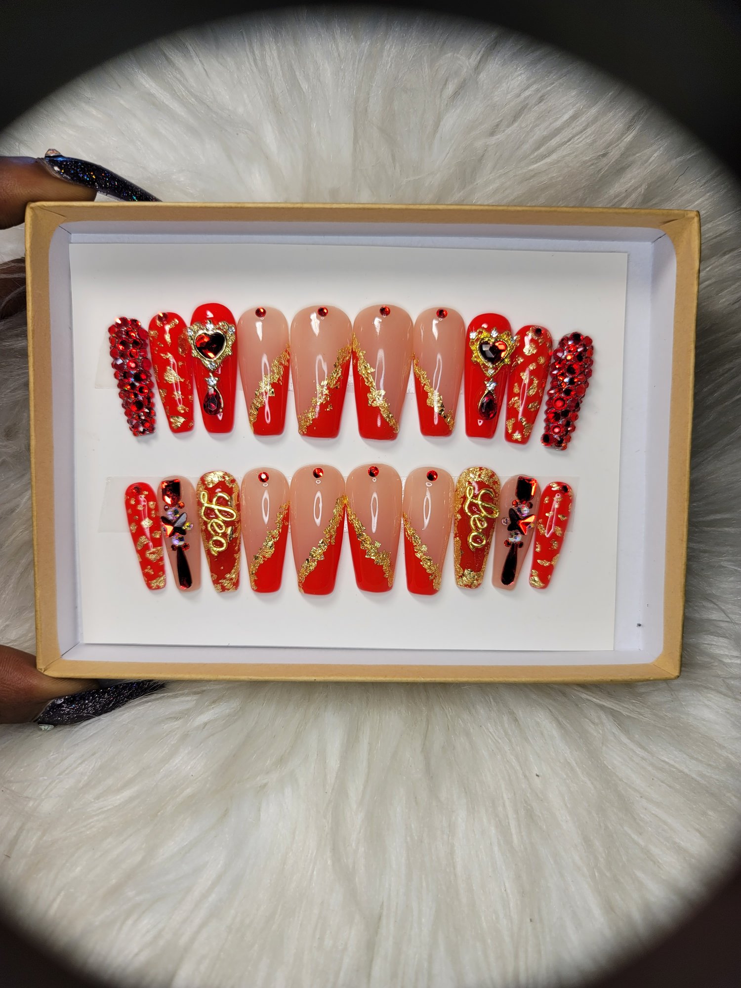 Image of Red and Gold Leo press on nails
