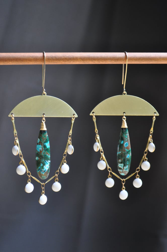 Image of The Snowdrop Statement Dangles - In one of a kind Malachite and Chrysocolla