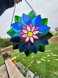 Image 3 of Large Stained-Glass Flower Mandala - Blue & Pink Layered Flower Window Hanging 