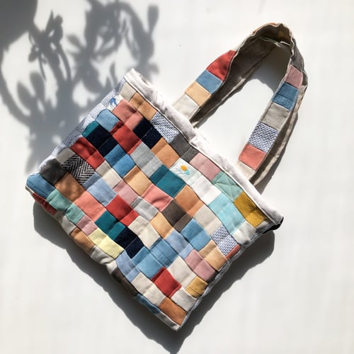 Image of Patched and quilted handmade bag from leftover organic cotton plant dyed fabrics