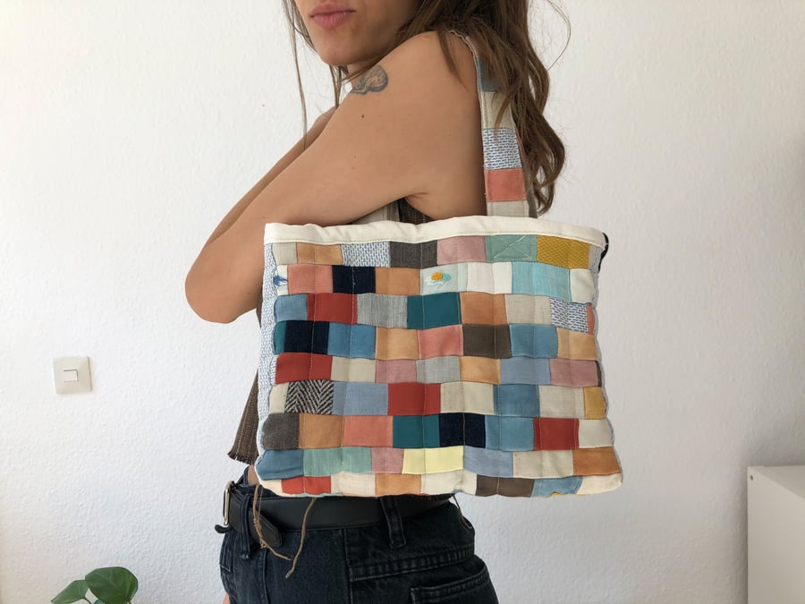 Image of Patched and quilted handmade bag from leftover organic cotton plant dyed fabrics