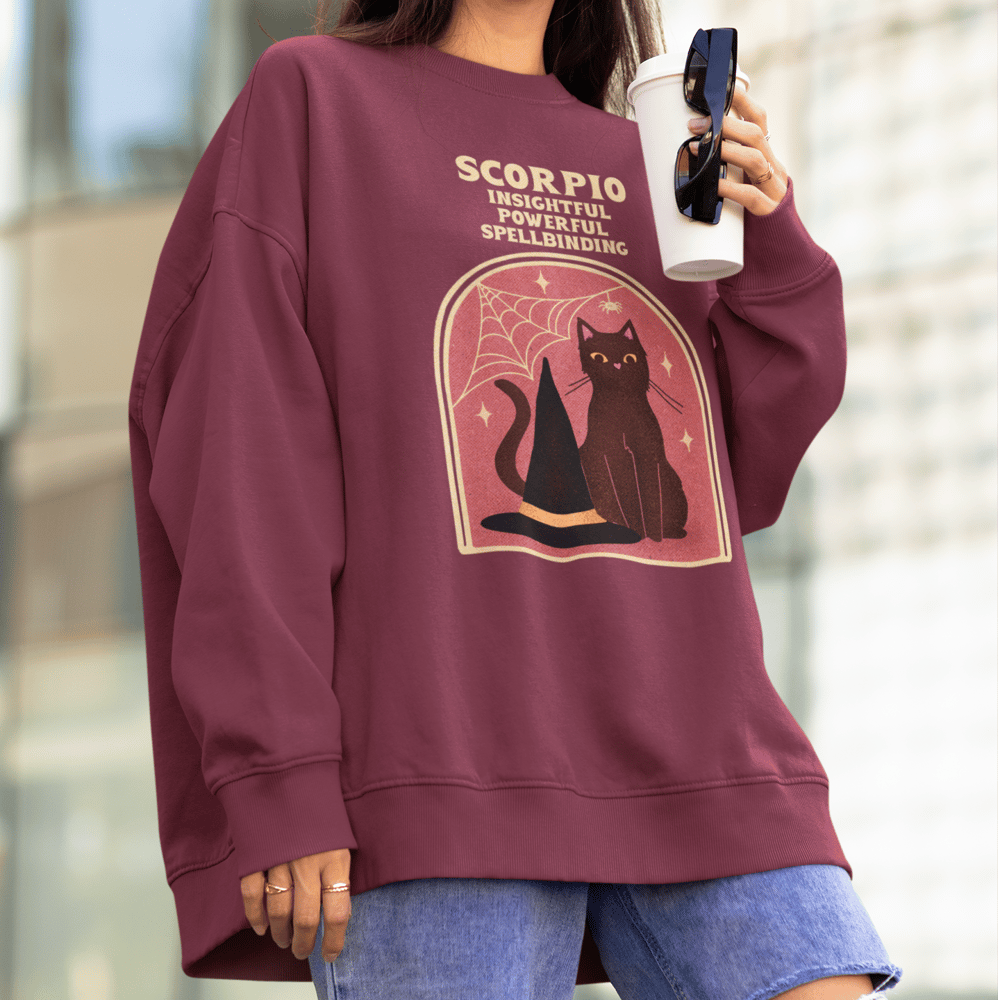 Image of SPOOKY CAT ASTROLOGY CREWNECK - BERRY