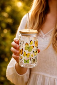 Image 3 of Yellow Butterflies Glass Can – 16 oz  with Bamboo Lid & Glass Straw