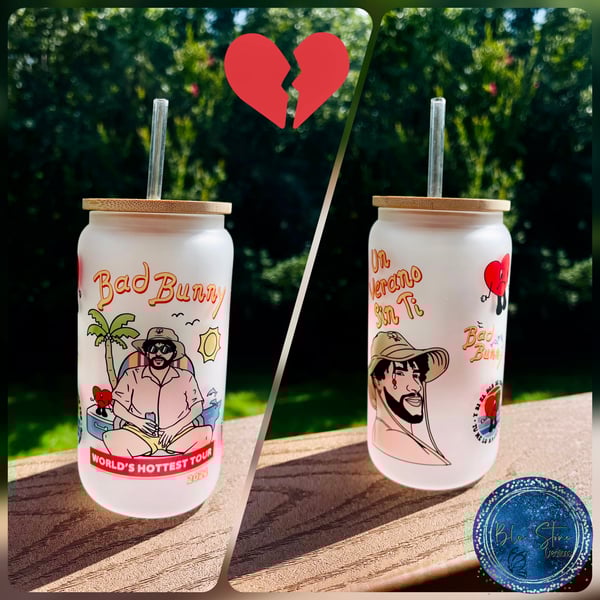 Image of Bad Bunny 16oz Frosted Glass Beer Can with Bamboo Lid and Straw