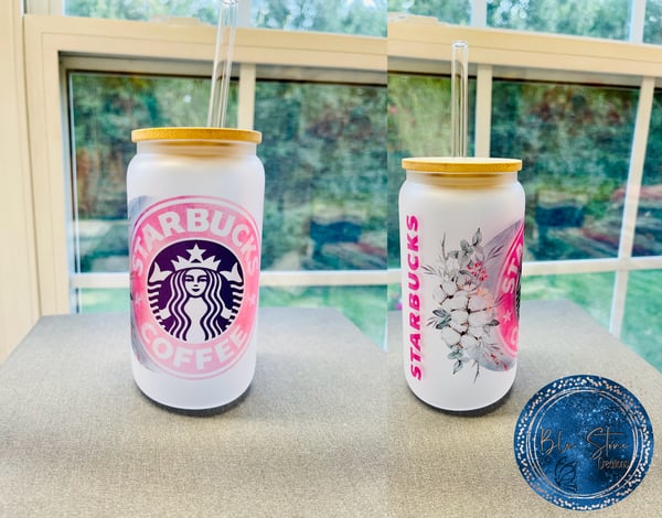 Image of 16oz Starbucks Inspired - Pink and Moon Frosted Beer Can Glass