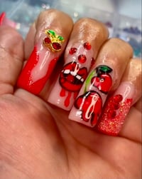 Image 1 of HAND PAINTED  CHERRY KISSES  PRESS ON VALENTINO ACRYLIC NAILS 🍒 