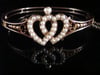 VICTORIAN EDWARDIAN 9CT PRISTINE DOUBLE HEART SEED PEARL BANGLE 13.5G