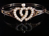 Image 1 of VICTORIAN EDWARDIAN 9CT PRISTINE DOUBLE HEART SEED PEARL BANGLE 13.5G