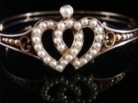Image 2 of VICTORIAN EDWARDIAN 9CT PRISTINE DOUBLE HEART SEED PEARL BANGLE 13.5G