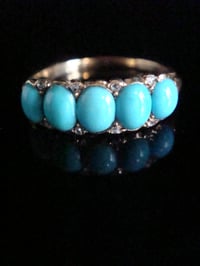 Image 1 of VICTORIAN 18CT YELLOW GOLD TURQUOISE AND DIAMOND 5 STONE RING WONDERFUL QUALITY