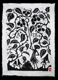 'Picking Blackberries' Red Stamp Lino Cut print