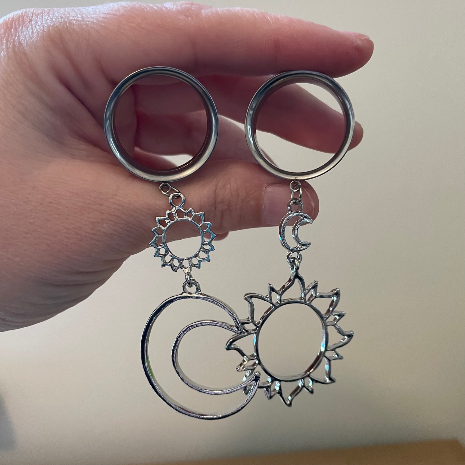 Image of Sun/Moon Silver Tunnel Dangles (sizes 2g-1 1/8)