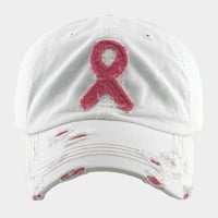 Image 1 of Pink Ribbon Distressed Denim Adjustable Vintage Baseball Cap, Pink Ribbon Dad Hat