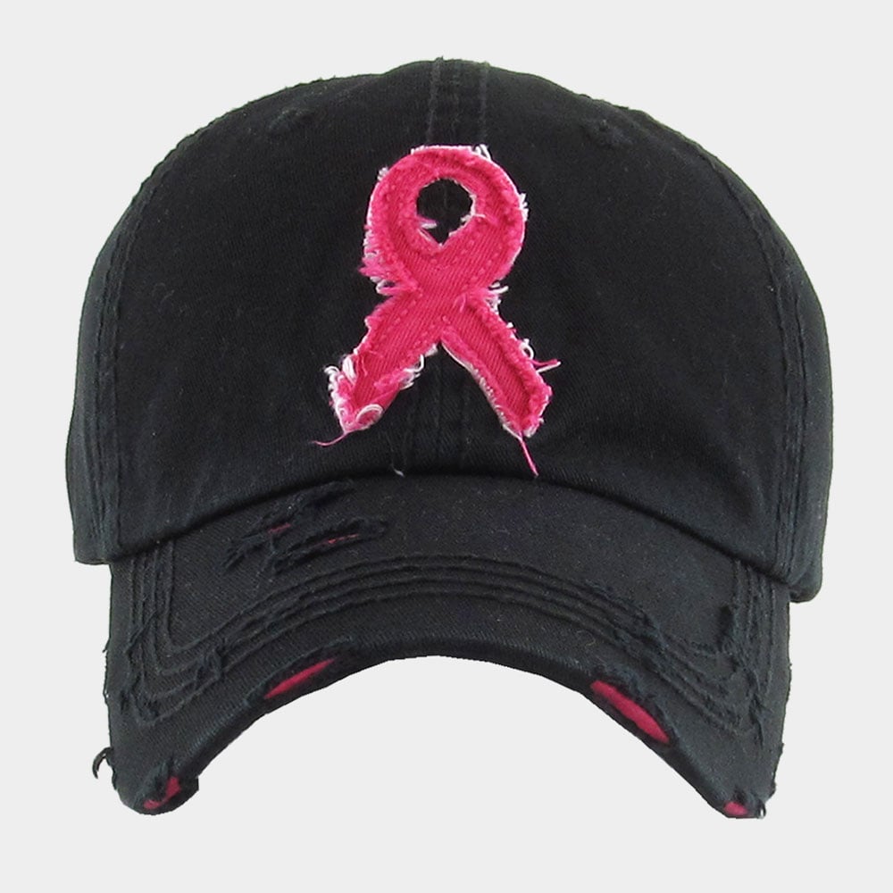Pink Ribbon Distressed Denim Adjustable Vintage Baseball Cap, Pink Ribbon Dad Hat