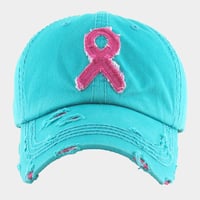 Image 3 of Pink Ribbon Distressed Denim Adjustable Vintage Baseball Cap, Pink Ribbon Dad Hat