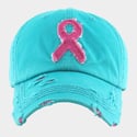 Pink Ribbon Distressed Denim Adjustable Vintage Baseball Cap, Pink Ribbon Dad Hat