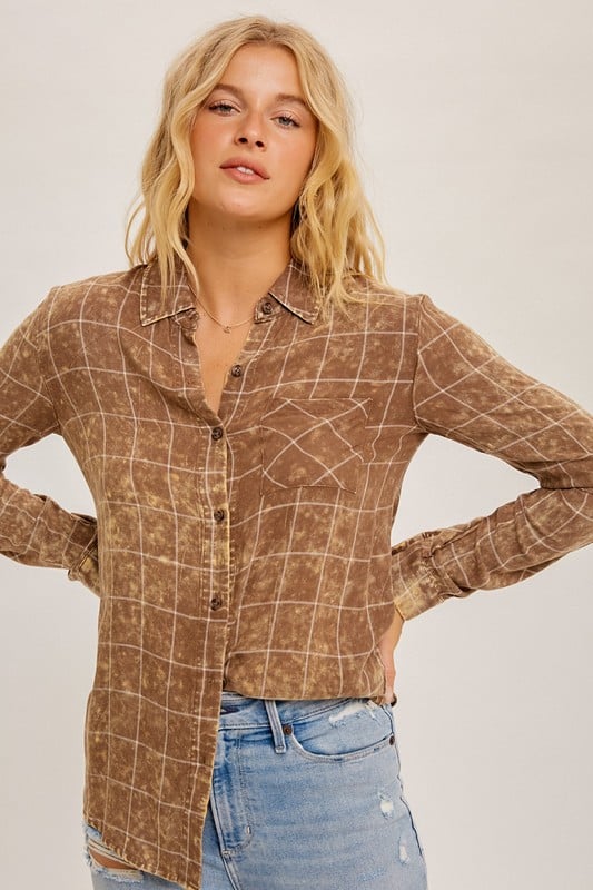 Image of GRID PRINT WASHED SOFT SHIRT TOP - 2 colors 
