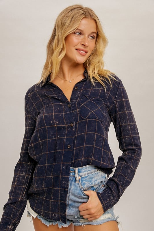Image of GRID PRINT WASHED SOFT SHIRT TOP - 2 colors 
