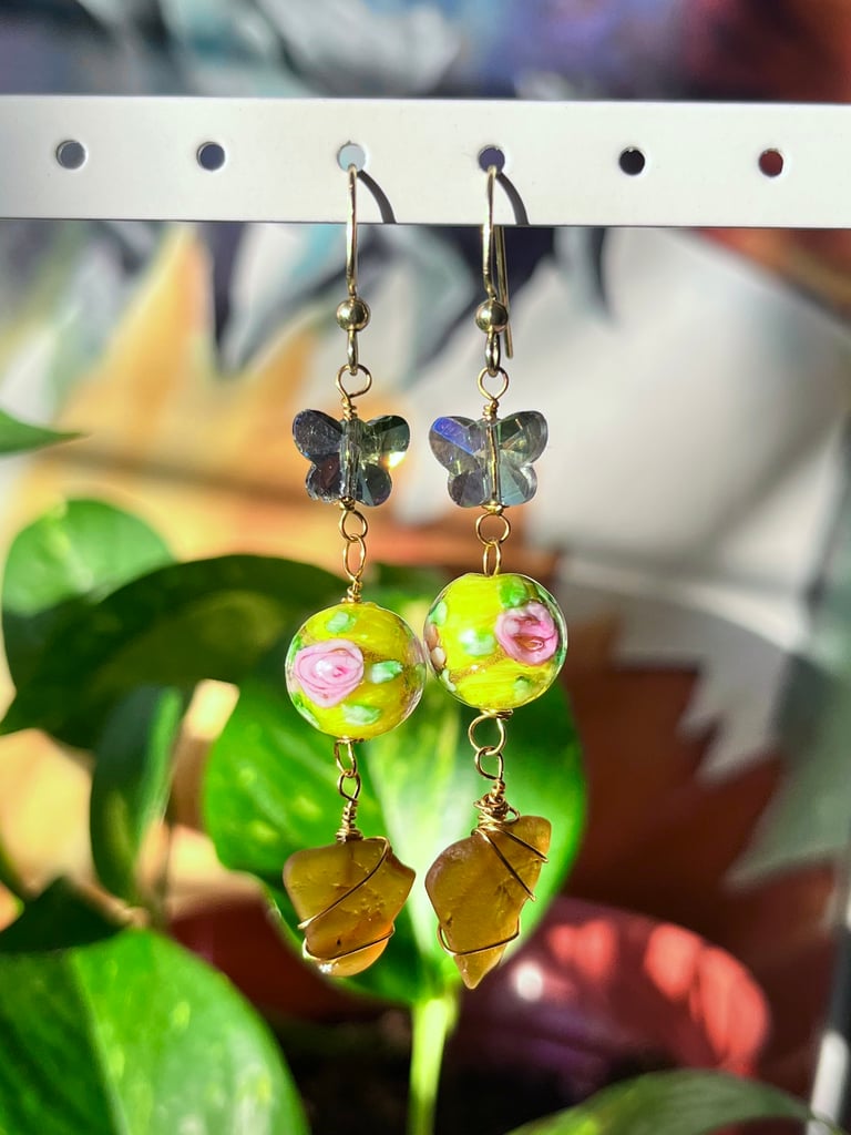 Brown Sea Glass Yellow Garden Earrings