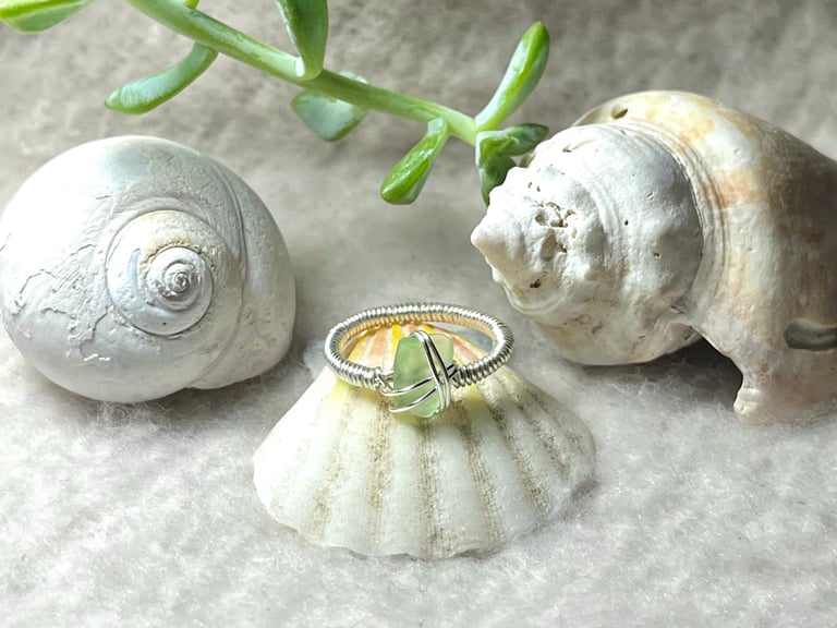 Mint Green Sea Glass Ring - Size 8