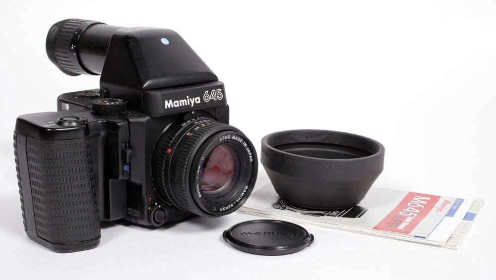 Image of Mamiya 645 Super Medium format camera W/ AE Prism + 80mm lens + 120 back
