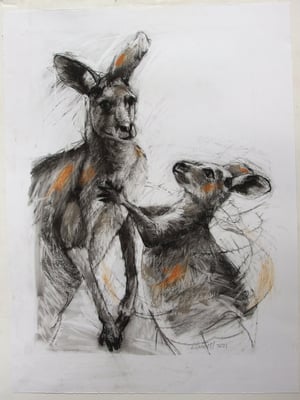 Image of Original drawing of a mother and teen kangaroo